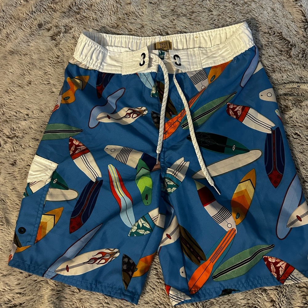 True Craft Blue and White Board Shorts with Surfboard Pattern